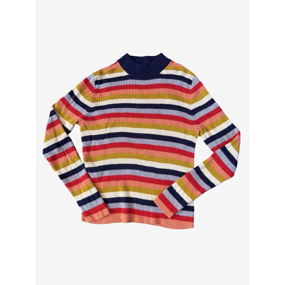 Madewell 70s Retro Multi Color Striped Ribbed Mockneck Sweater XL Wool Alpaca
